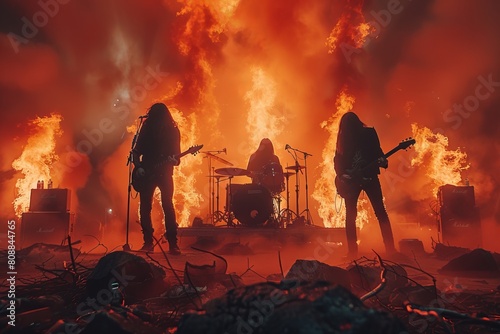 Eerie and intense depiction of a rock band performing on stage enveloped by flames and dramatic red lighting photo