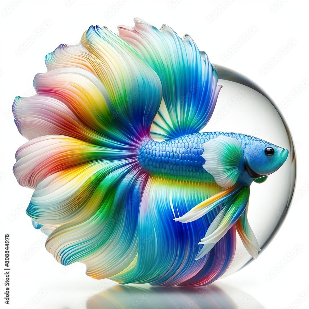 Fototapeta premium A stunning blown glass sculpture of a playful, cute Betta fish with seamlessly blended rainbow colors, white background