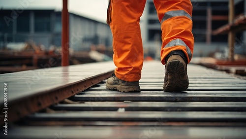 Worker's foot construction site, men's work boots, labor day concept.