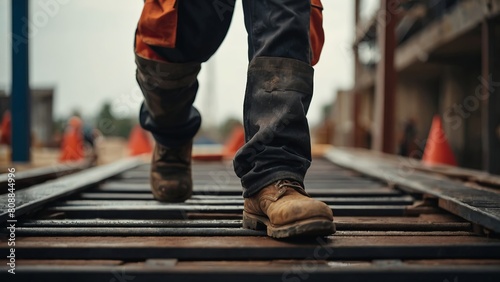Worker's foot construction site, men's work boots, labor day concept. © Plutmaverick