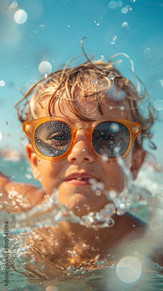 the essence of summer joy, a playful child wearing sunglasses, swimming in the sea. Embrace the carefree and joyful vibes of summertime fun