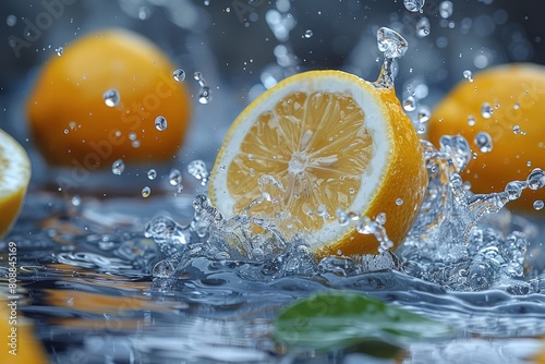A close-up of a lemon half with a splash of water droplets creating a dynamic and refreshing feel  capturing the essence of freshness and purity