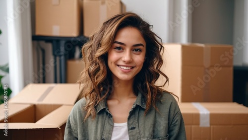 Girl in an apartment among cardboard boxes, moving, new housing.