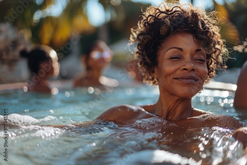 A mature woman with an expressive joyful smile while immersed in a swimming pool