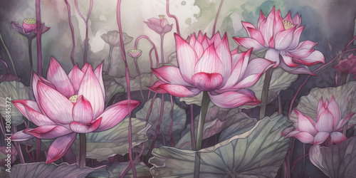 Lotus flowers  watercolor. Pink lotuses  beautifful floral background. Water lily in the pond. Lotus flower wallpaper