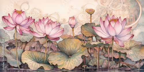 Lotus flowers, watercolor. Pink lotuses, beautifful floral background. Water lily art. Lotus flower wallpaper