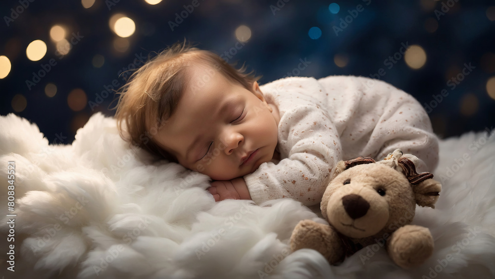 A child, infant, baby sleeps cloud, against background starry sky. A child, infant, baby sleeps cloud, against background starry sky.