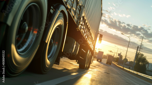 The golden hour illuminates a truck's wheels as it traverses a deserted highway