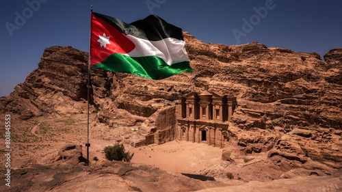 The Monastery at Petra, Jordan with Jordan Flag