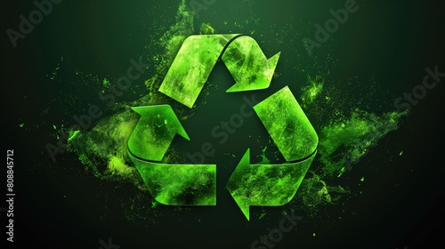 Recycling Symbol with Neon Green Effect on Dark Background, Concept of Environmental Sustainability