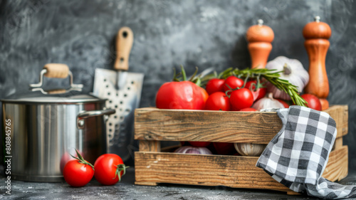 A wooden crate filled with tomatoes and garlic sits on a counter next to a pot
