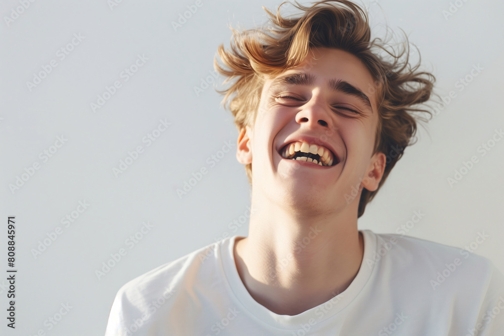 A young man laughing on an isolated white background A young man laughing on an isolated white background
