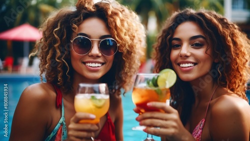 Two girls with cocktails in their hands near the swimming pool, summer time.