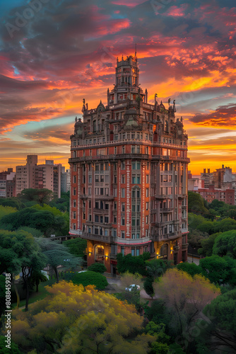 Serene Evening View of Palacio Salvo, The Iconic Landmark of Uruguay in Vibrant Colors