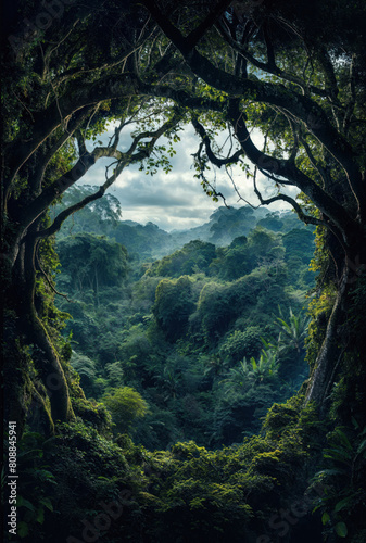 Dense foliage and trees in Fantasy lush forest frame. Jungle clearing. Rainforest. Cinematic tropical lush forest Jungle frame portal. Elf forest. Mountainous tropical amazon or Vietnam forest vibe. 