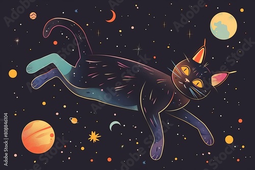 Space  cat flat design top view galaxy theme cartoon drawing vivid
