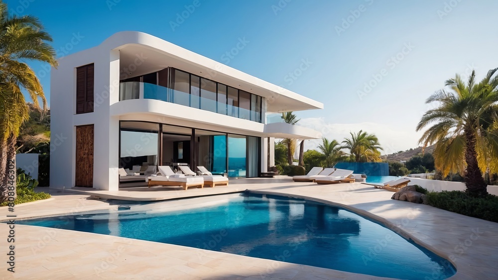 Modern stylish villa with a swimming pool in the courtyard.
