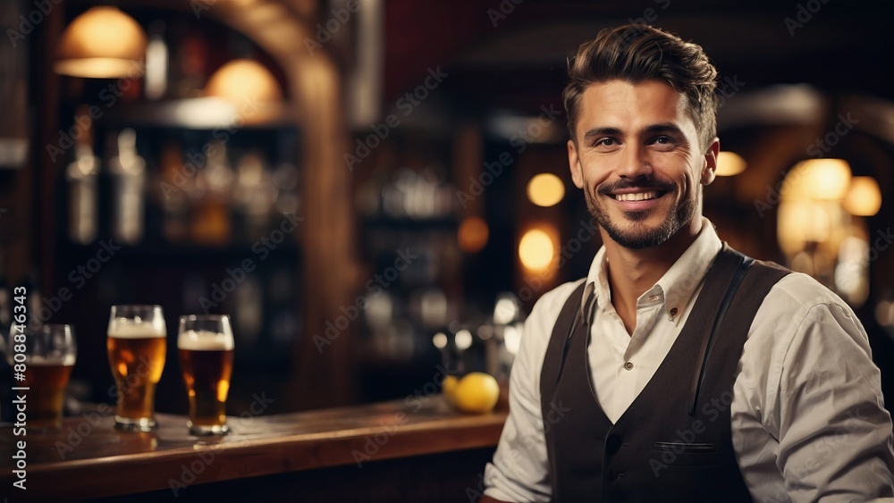 Handsome man bartender, smiling in bar, copy space.