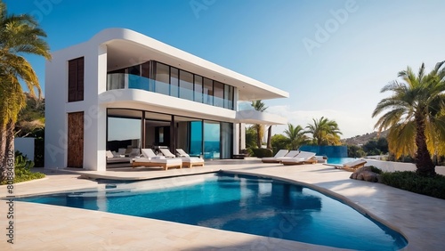 Modern stylish villa with a swimming pool in the courtyard. © Plutmaverick