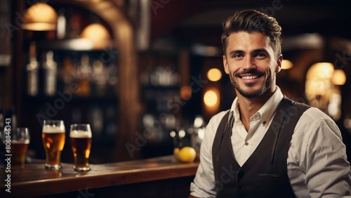 Handsome man bartender  smiling in bar  copy space.