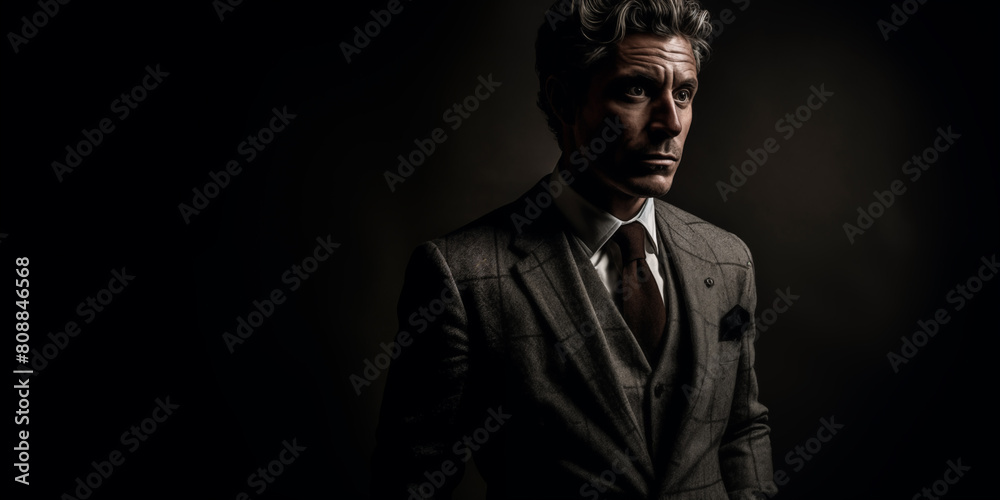Obraz premium Elegant Man in Classic Italian Suit. Portrait of a Businessman on a Black Background