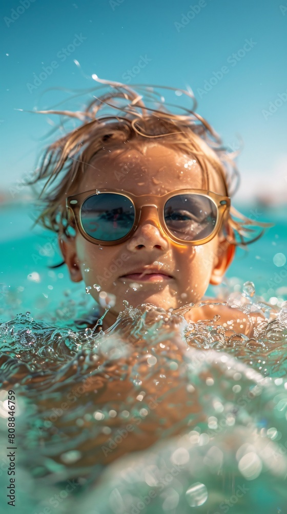 Naklejka premium the essence of summer joy, a playful child wearing sunglasses, swimming in the sea. Embrace the carefree and joyful vibes of summertime fun