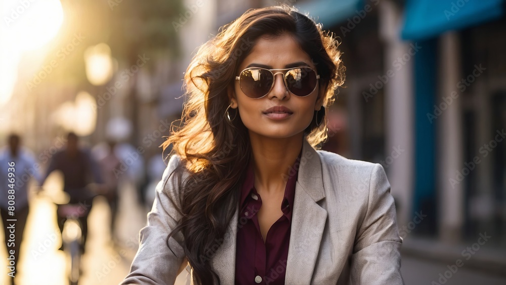 Beautiful business woman riding around the city on a bicycle.