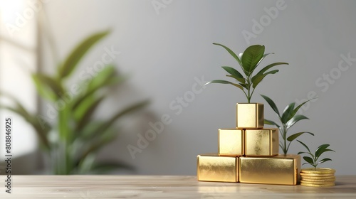 Gold bars with plant on wooden table in room
