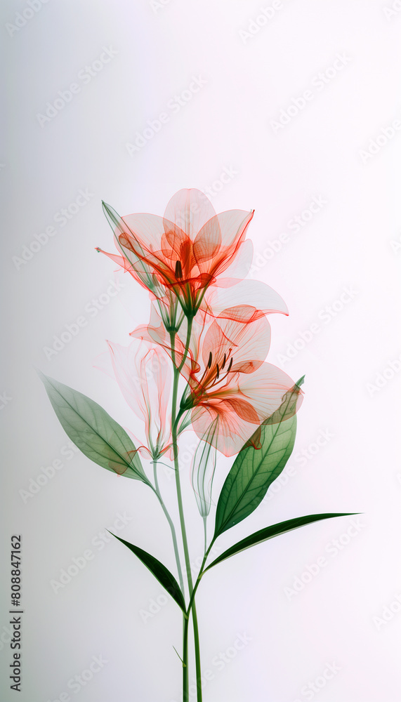 Layered X-Ray Macro Photograph of Peach Lilies on Elegant Green Stems Layered X-Ray Macro Photograph of Peach Lilies on Elegant Green Stems