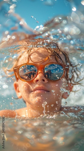 the essence of summer joy, a playful child wearing sunglasses, swimming in the sea. Embrace the carefree and joyful vibes of summertime fun