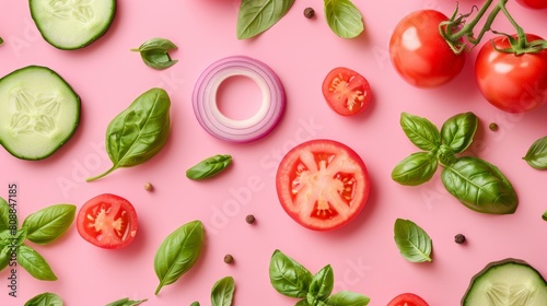 Fresh tomato slice  onion  cucumber  and basil leaves flat lay for culinary presentations