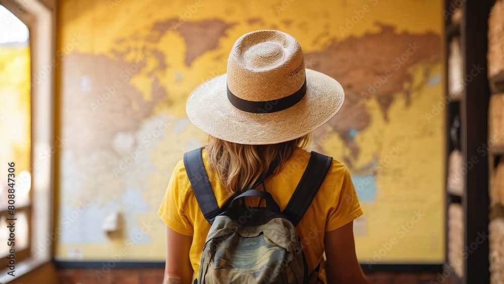 Tourist woman looking at the map of the world, planning travel route.