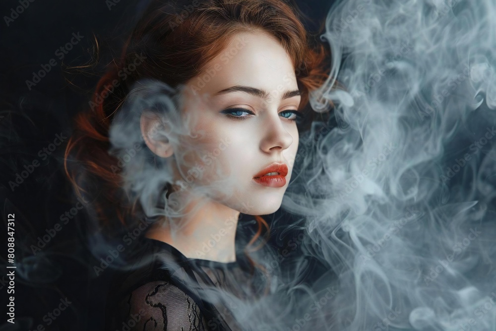 Elegant Young Caucasian Woman Showcases Vintage Products with Abstract Smoke Texture on Black Background