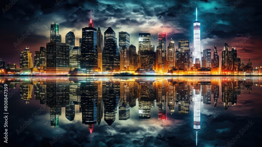 City skyline at night with illuminated buildings and glowing street lights City skyline at night with illuminated buildings and glowing street lights