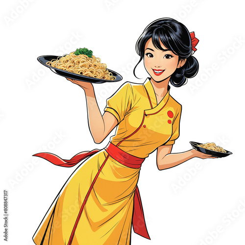 Pop art cartoon, smiling Asian woman waitress offering choice of two different servings of noodles, large and small, isolated on white background