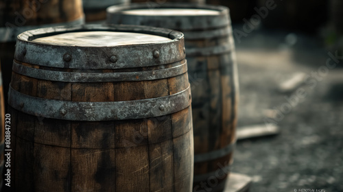 Old wooden barrels, weathered and aged, stacked outside, evoking a sense of history and traditional storage methods.