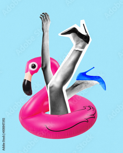 Poster. Contemporary art collage. Woman's legs resting on pink body of vibrant pink flamingo float against blue background. Concept of summertime, holidays, vacation, party, fashion and style.