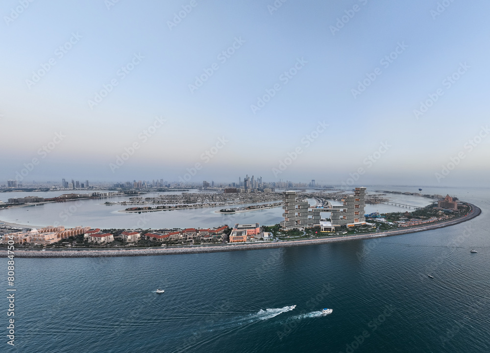 Aerial panoramic view of Palm Jumeirah islands during sunset in Dubai Aerial panoramic view of Palm Jumeirah islands during sunset in Dubai