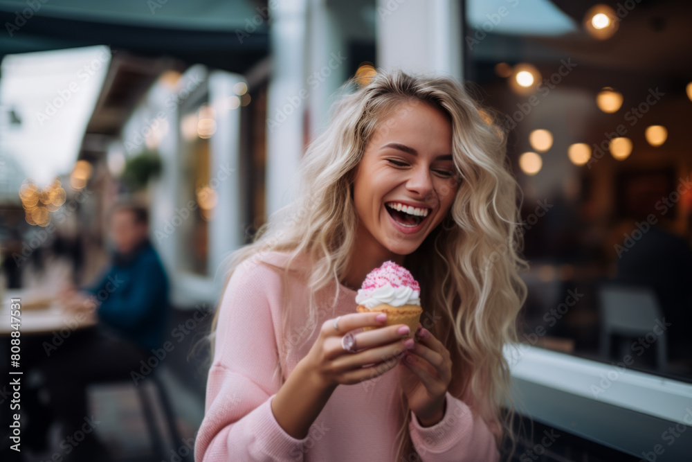 Joyful Woman with Cupcake in Cozy Cafe Joyful Woman with Cupcake in Cozy Cafe
