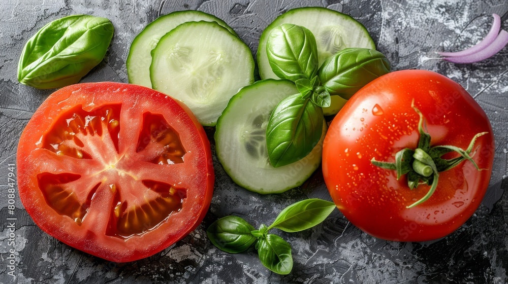 Tomato slice, onion, cucumber, basil flat lay - fresh ingredients for cooking and salad Tomato slice, onion, cucumber, basil flat lay - fresh ingredients for cooking and salad