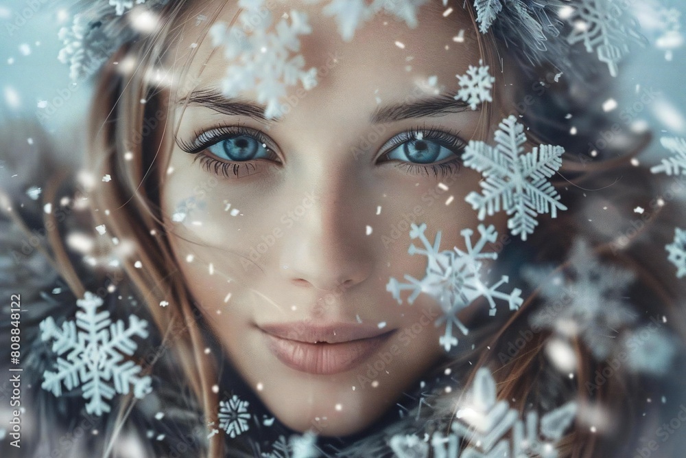 Beautiful Young Caucasian Woman Surrounded by Elegant Snowflakes