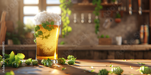  Fresh Beer with Green Hops and Malt on a Wooden Table on dark wooden table background with copy space and jet of beer with bubbles photo
