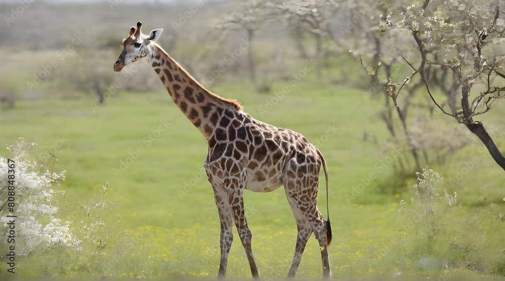 Obraz premium Magnificent giraffe grazing on a big tree on a gravel pathway. generative.ai