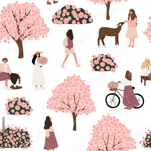 Women enjoying spring seamless patterns. Repeatable textures for stylish characters walking, feeding deer, cycling, relaxing on benches. Endless backgrounds with cherry blossoms. Vector illustrations.