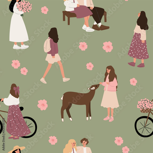 Women enjoying spring seamless patterns. Repeatable textures for stylish characters walking, feeding deer, cycling, relaxing on benches. Endless backgrounds with cherry blossoms. Vector illustrations.