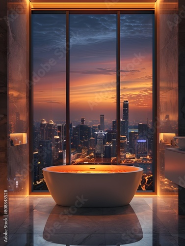 High-end luxury bathroom in a high-rise building Looks comfortable with a large mirror. The city view outside is very beautiful. Ideal for use as design inspiration for designers or property owners. © Chanawat