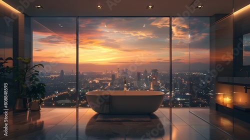 High-end luxury bathroom in a high-rise building Looks comfortable with a large mirror. The city view outside is very beautiful. Ideal for use as design inspiration for designers or property owners. © Chanawat