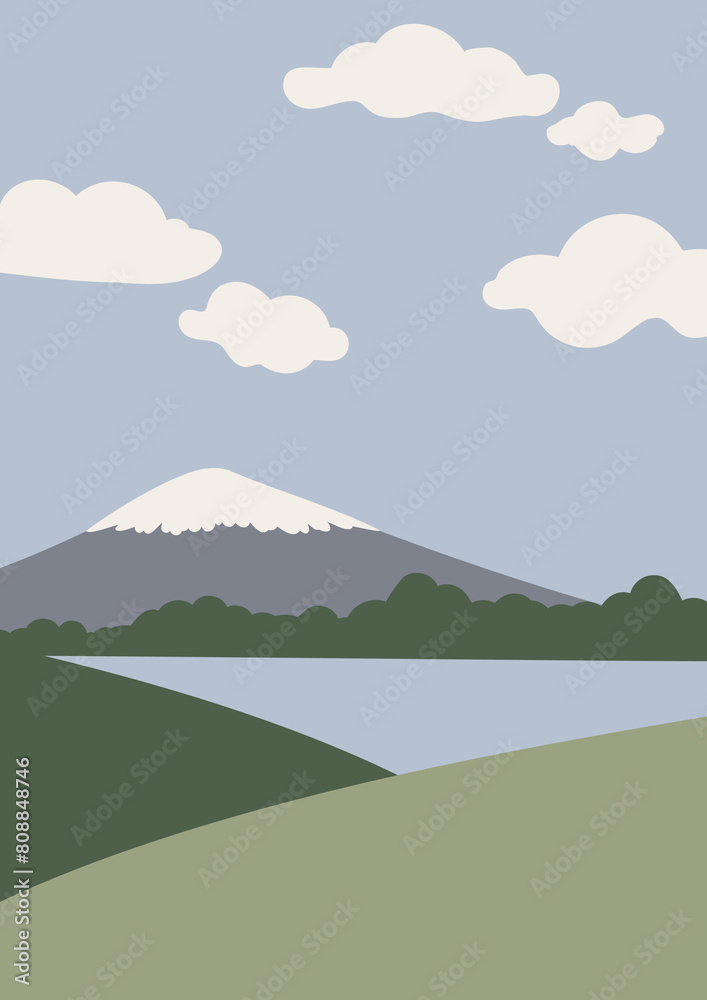 Mountain landscape illustration. Natural scenery with snow-capped peak, wooded area, calm lake, rolling green hills, cloudy blue sky. Peaceful, quiet atmosphere, minimalist style. Vector illustration.