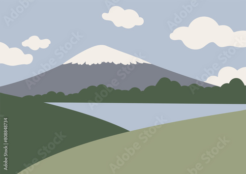 Mountain landscape illustration. Natural scenery with snow-capped peak, wooded area, calm lake, rolling green hills, cloudy blue sky. Peaceful, quiet atmosphere, minimalist style. Vector illustration.