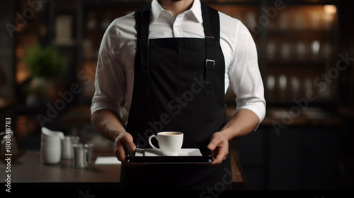 Professional Waiter Presenting Cup of Coffee on a Serving Tray
